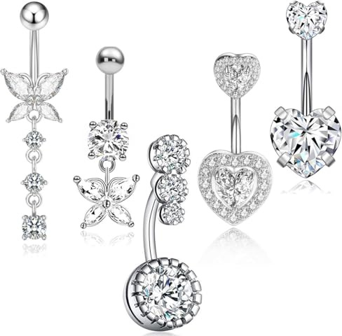 BENIFILE Belly Button Bars, 5 Pcs Silver Hypoallergenic Stainless Steel Belly Bars Dangly Set, Butterfly Heart Surgical Steel Ring Navel Belly Piercing Jewellery for Women