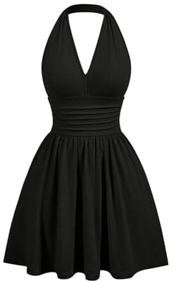 GORGLITTER Women's Flared Flowy Ruched Halter Mini Dresses Ruffle Backless Going Out Mini Swing Dress Black L