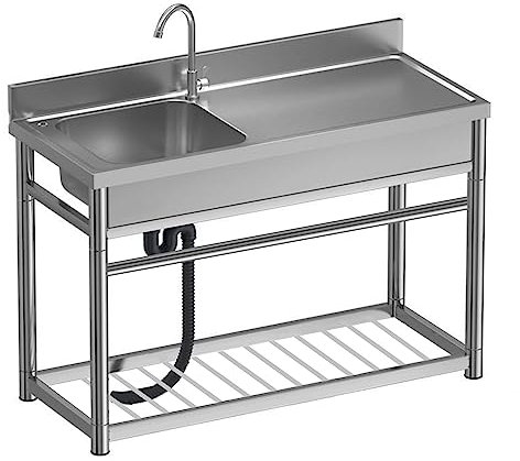 Évier extérieur en acier inoxydable pour lavabo, évier de cuisine à une cuve, évier de service autonome, évier autonome avec plan de travail et robinets d'eau, avec support