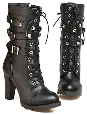 KUHAOFEU Bottines pour Femme Bottes Moto Style Gothique Punk Bottes De Motard avec Fermeture Éclair Bout Rond Clouté Chaîne À Lacets Bottes De Combat,Noir,47 EU