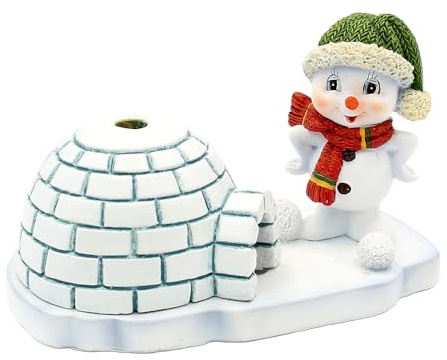 Pupazzo di neve in ceramica, decorazione per bambini, pupazzo di neve, pupazzo di neve, pupazzo di incenso, figura di fumo, bambino con neve con cappello verde e sciarpa sull'igloo e affumicatore –