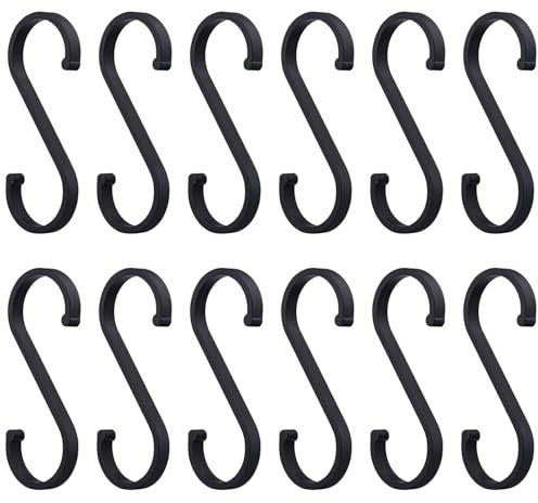 Eupneicu Aluminum S Hooks [12 Pieces], Matte Black, Multifunctional Hanging Hooks for Wardrobe, Bathroom, Bedroom, Office