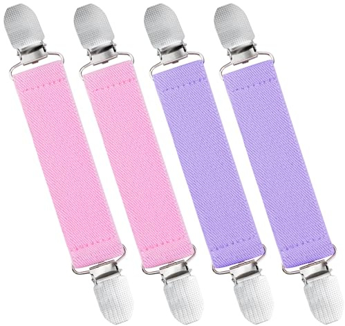 wisdompro 4 Pack Glove Clips, Mitten Clips with Elastic Straps for Kids, Toddle and Adults, Clothes Waist Cinch Clips, Sweater Cardigan Clips - Purple, Pink