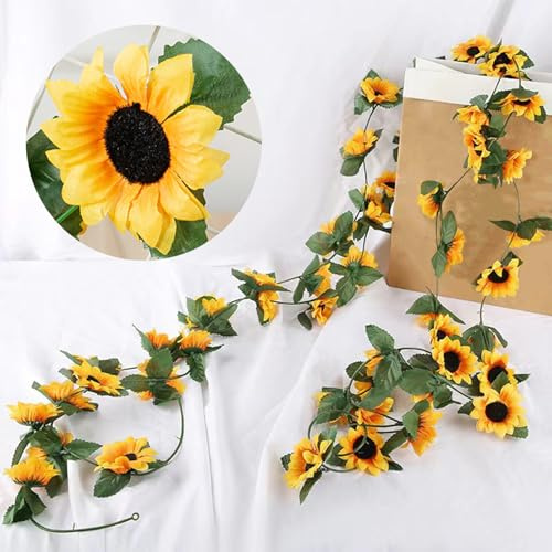 BSITSSS 2 PCS Girasoles Artificiales, Artificial Girasol Guirnalda 230CM, Guirnalda Flores Artificiales, Flores Artificiales Decoracion para Exterior Interior Pared Arco de Boda