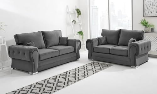 Sofahub Verona 3+2 Seater Sofa Set in Grey Plush Velvet Fabric | Upholstered Living Room Furniture | Foam Cushions | 3 Seater + 2 Seater Living Room Sofa | High Back Upholstered