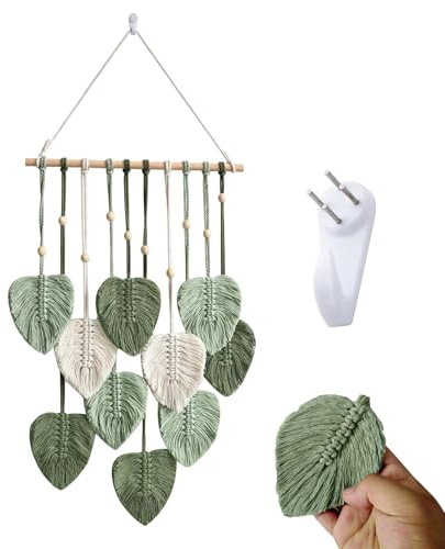 GMBANK Macrame Leaf Wall Hanging Tapestry, Handmade Woven Boho Wall Decor with Wooden Beads, Green Black White Leaves, Bohemian Tassel-style Wall Art for Bedroom Living Room Apartment Office