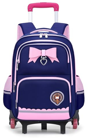 Amythe Schulranzen mit Rollen für Mädchen, Abnehmbar Trolley Schultasche Mädchen 6 Räder, Wasserdichter Kinder Schulrucksack mit Reflektoren für Grundschule 1.-5. Klasse, Blau