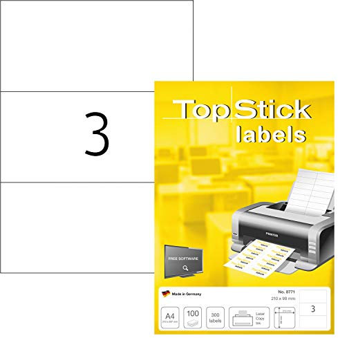 TopStick 8771 Universal Etiketten, 100 Blatt, 210 x 99 mm, 3 pro A4 Bogen, 300 Stück, selbstklebend, bedruckbar, matt, blanko Papier Klebeetiketten Aufkleber, weiß