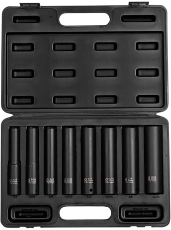 SUNEX TOOLS 2848, 1/2 Inch Drive Impact Socket Set, Extra Long Deep, 8-Piece, SAE, 1/2-15/16, Cr-Mo Alloy Steel, Radius Corner Design, Dual Size Markings, Heavy Duty Storage Case