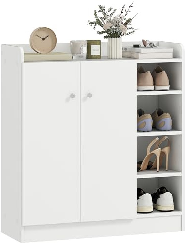 HOMCOM Meuble de Rangement à Chaussures pour entrée 12 Paires - Armoire à Chaussures avec 4 Compartiments Ouverts et Placard Double Porte - étagère réglable - 83L x 30l x 90H cm - Blanc