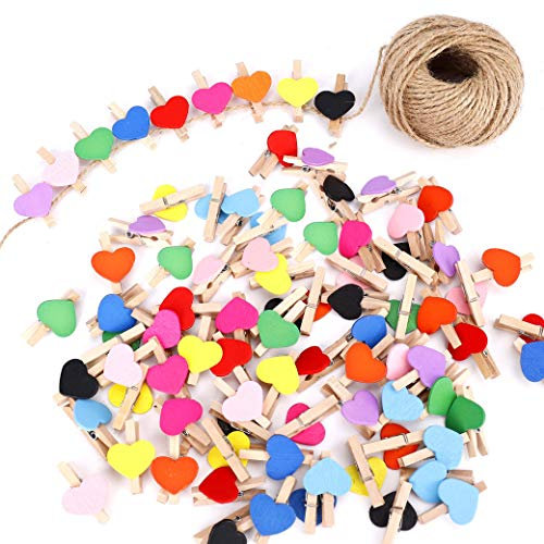 Mini Holzklammern Herz Holz Klein Wäscheklammern Holzklammern Zierklammern mit 30m Natur Juteschnur für die Hochzeit Party Fotohalterkarte Dekoration und Basteln 100 Stück Bunt