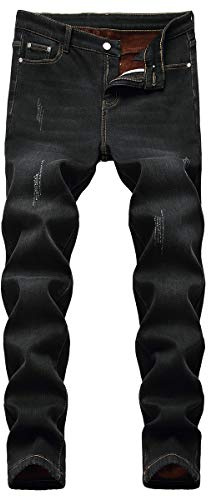 YOUTHUP Mens Jeans Fleece Lined Winter Denim Trousers Straight Leg Casual Washed Jean Pants, Black, 36