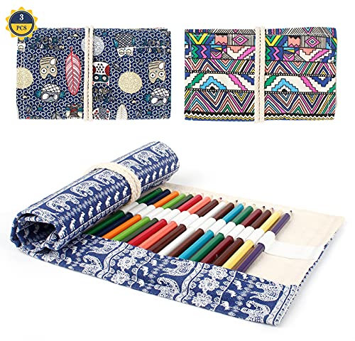 Aipaide 3 Stück Leinwand Stifterolle 36 Stifte Federmäppchen Buntstifte Tasche Bleistift Wrap Organizer Tragbar Stifterolle Mäppchen Bleistifthalter für Künstler Schule Büro