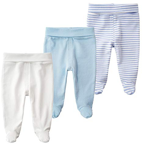 BINIDUCKLING Newborn Baby Boys Girls 3-Pack Trousers with Feet Cotton High Waist Footed Pants 3-6 Months, Blue