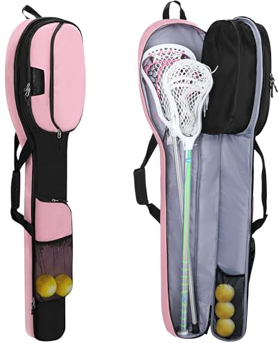 GOBUROUS Lacrosse Stick Bag for Men Women, Padded Lax Equipment Bag with Separate Ventilated Shoe Compartment and Multi Pockets for Essentials, Black and Pink