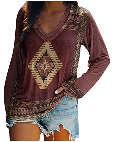Tee Shirt Femme Manche Longue, Top Femme Impression de Motifs,Haut Femme Col V de Style Ethnique Décontracté Ample Pullover Tricot Lâche Sweat Sport Chic de Mode Tunique Classique de Base Chemise
