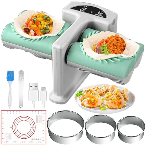 Electric Dumpling Maker Two Sizes Double Head Automatic Electric Dumpling Maker Machine Mould Household Quick Rechargeable Dumpling Maker Kit with Silicone Baking Mat,Dough Cutters,Spoon Brush