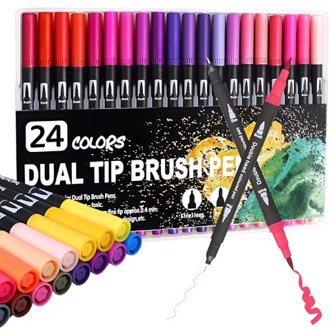 Felt & Fine Tips Colouring Pens (Set of 24) - Professional Dual Tip Brush Pens For Artist | Fine Liner Coloured Pens for Drawing, Sketching, Shading & Calligraphy
