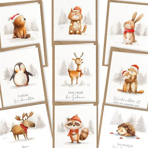 LOViLEE Weihnachtskarten inkl. extra Umschläge & Sticker im 10er Geschenkset - hochwertige Klappkarten zu Weihnachten - Weihnachtskarten mit Umschlag Set - Schneetiere Aquarell