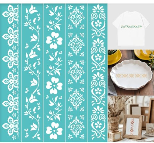GOMAKERER 2 plantillas de serigrafía con bordes de flores, reutilizables, autoadhesivas, con estampado de plantas y patrón floral, plantilla de transferencia de malla para pintar sobre tela de madera,