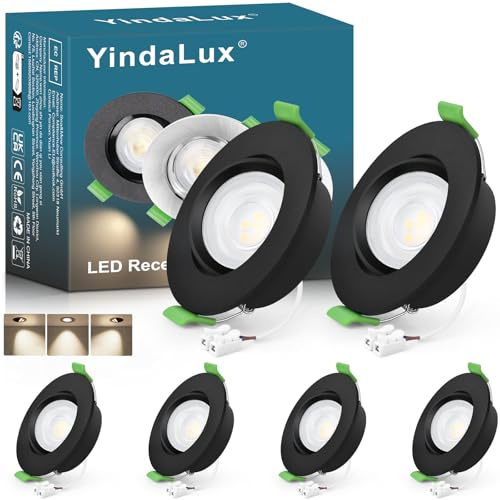 YindaLux Infälld led spotlight 230 V 4 000 K Neutral vit 5 W 550 LM svängbar 45° GU10 takspotlights svart platt LED spotlight 68 mm hål IP44 badrumspotlight, set om 6, ej dimbar