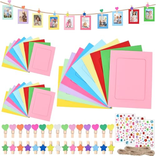 QINGZY 30 Piezas Marco de Fotos de Papel, 11.5x15.5cm, Marcos de Cartón para Fotos con Clip de Madera, Pegatina+Cuerda, para Decoración de Paredes en el Hogar, Set de Portafotos Colgantes Creativos