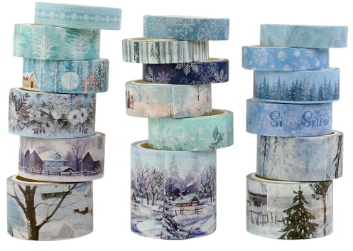 Fyfjur 18 rullar washi tejp vinter, washi tejp set självhäftande, tejp färgglad för gör-det-själv vinterhantverk, scrapbooking, presentförpackning (1 cm/1,5 cm/2,5 cm/4 cm x 4 m)
