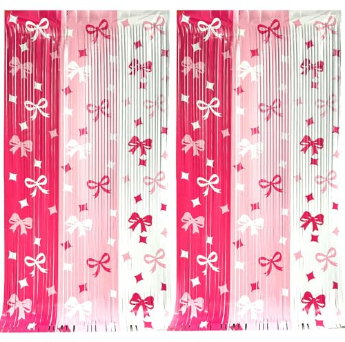 Falafoty 2 cortinas de flecos de papel de aluminio con lazo rosa, decoración de San Valentín, 3.3 x 2.0 m, serpentinas de oropel metálico, telón de fondo de fotos, decoración de fiesta para el día de