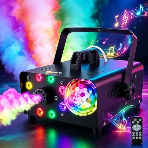 Macchina del Fumo con Bluetooth, Sfera Disco Luminosa e Luci LED RGB, Altoparlanti Bluetooth Portatile con 9 Luci LED Controllabili, Macchina del Fumo DJ per Natale, Festa, Matrimonio, Effetto