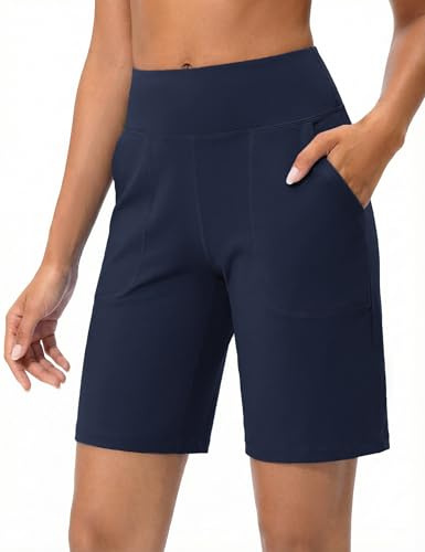 Demegimi Pantaloncini Sportivi Donna Vita Alta, Bermuda Donna Sportivi con Tasche, Shorts Fitness al Ginocchio per Corsa, Yoga, Ciclista, Palestra e Trekking