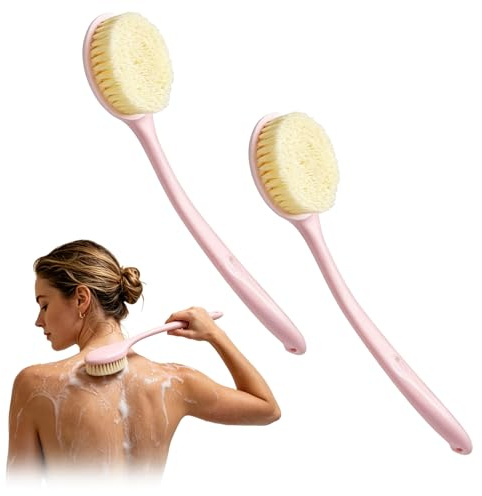 2Pcs Back Brush Long Handle for Shower, 13.78” Back Scrubber, Shower Body Brush with Curved Handle for Elderly Disabled, Kid, Men and Women Pink