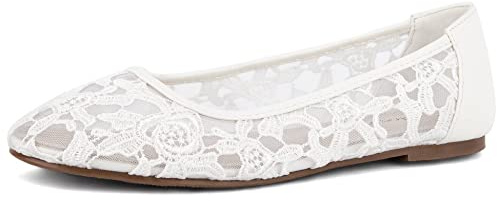 Greatonu White Lace Ballet Pumps for Women Flat Dress Wedding Ballerina Shoes 4 UK/37EU
