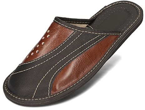 BeComfy Pantuflas de Hombre de Cuero Natural 40-46 EU (Negro Marrón, Sistema tallas calzado EU, Adulto, Números, mediano, 41)