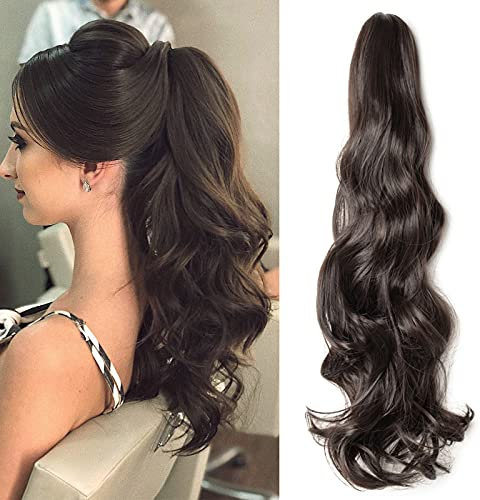 Ponytail Extensions Coleta Postiza Rizada con Pinza Pelo Sintético Clip Cola Larga Ponytail Extension Se Ve Natural Extensiones de Cabello #Marrón Oscuro (45cm,140g)