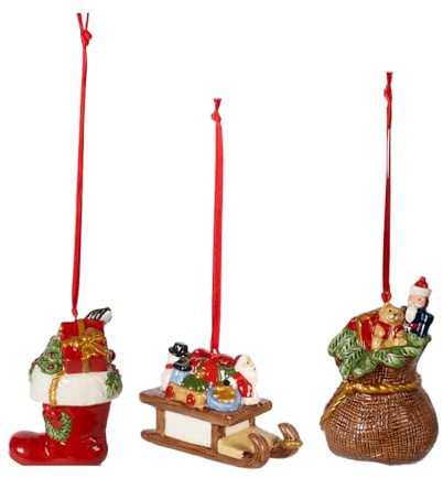 Villeroy und Boch Nostalgic Ornaments Ornamente-Set Geschenke 3tlg., Stiefel, Schlitten und Geschenkesack als Baumschmuck aus Hartporzellan, bunt