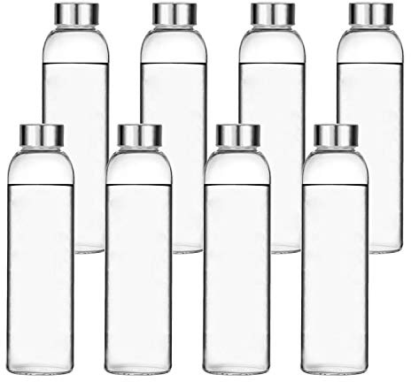 Encheng Glass Water Bottles,16oz Glass Drinking Bottle With Leakproof Stainless Steel Cap,Reusable Juice Bottles Beverage Drinkware,To Go Travel Bottles For Drink,Sauce,8Pack