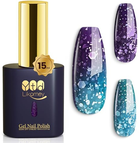 YTD Likomey UV LED Gel-lack Nagellack,15ml Violett Mörkblå Glitter Temperaturfärg Nagellack,Färgskiftande Manikyr Gel Polish,Kameleontfärg Gellack,WB03