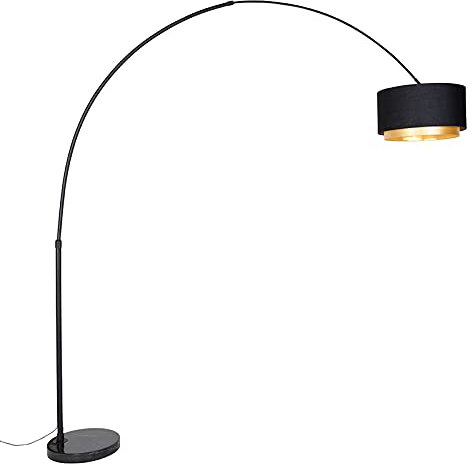 Qazqa - Moderne Bogenlampe schwarz mit Duo-Schirm schwarz mit Gold I Messing - XXL I Wohnzimmer I Schlafzimmer - Stahl Länglich - LED geeignet E27