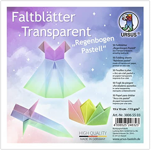 Ursus 38065503 - Hojas plegables transparentes «Arco iris de colores pastel» 115 g/m², 50 hojas plegables de 15 x 15 cm, impresas por una cara