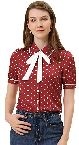 Allegra K Camicia a maniche corte da donna a pois con colletto a Peter Pan, Borgogna, 40