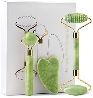 Chyaya Jade Roller & Gua Sha Massage Set, natürliche Anti-Aging-Gesichtsrolle für Gesicht, Augen, Hals zur Hautpflege, Schönheit und Entspannung der Körpermuskulatur (3 Stück)