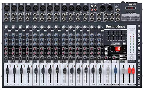 -Berlingtone,16 Channel Professional Bluetooth Studio Audio Mixer - DJ Sound Controller, USB MP3 Player, 14 Microphone Jack, 7 Band EQ, 16 BIT Digital FX, 48V Phantom Power, Unpowered (BR-166MX)
