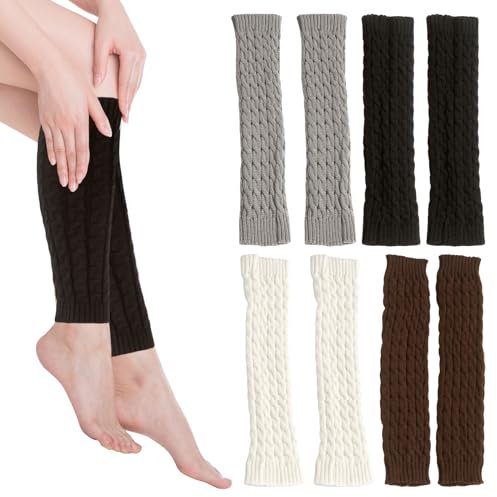 Sporgo 4 Paare Stulpen Damen Leg Warmers: Beinwärmer Winter Beinstulpen Damen, 4 Farben Vintage beinstulpen Frauen Stricken Legwarmers Mädchen für Winterwärmer (Schwarz, Weiß, Grau, Braun)