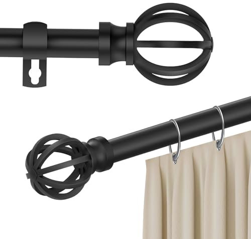 Schwarze Gardinenstangen 67-187 cm, 16mm Gardinenstange mit Ausgehöhlte Runde Endstücke und Halterungen für Fenster, Wohnzimmer