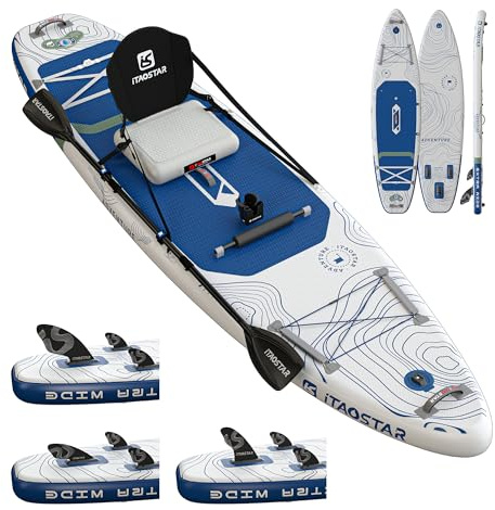 iTAOSTAR Adventure 12' × 35 Inflatable Stand Up Paddle Board with Seat, Extra Wide SUP Board with 5 Fins Stable Design for Adults, Youth, All Skill Levels, Lakes, Oceans & Fishing A02CP