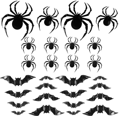 Volumoon Halloween Decorazione, 16 Pezzi Halloween Pipistrelli, 12 Pezzi Ragno Realistico Decorazione, 3D, PVC, Pipistrelli Adesivi, Ragni Decorativi, Halloween Adesivi per Feste