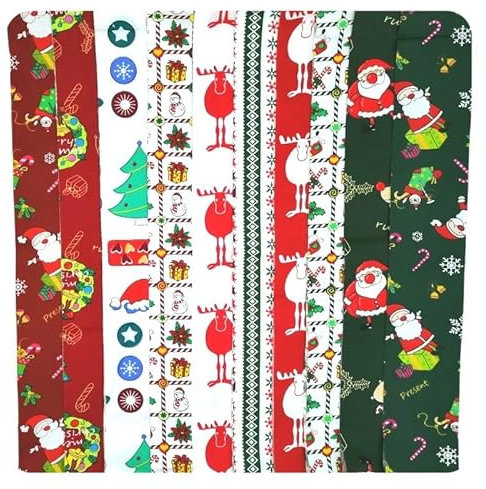 BrightGlow Tela de algodón para Navidad, 100 % algodón, para coser, tela de estilo navideño, venta por metros, serie navideña, paquete de tela 1# 10 unidades, 75 x 1000 mm