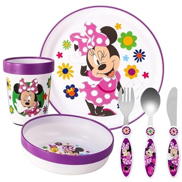 Minnie Mouse Kids 6 Piece Reusable Dinner Set - Plate/Bowl/Cup/Knife/Fork/Spoon - Childrens Dinnerware Tableware Cutlery Set