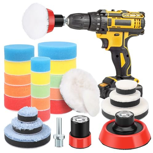 29Pcs Car Polishing Pads for Drill, Ordriv Polishing Pads Car Polishers and Buffers Sponges Wool Buffing Pads, with 2x M14 Drill Adapters, for Cordless Screwdrivers, Car Sanding, Polishing, Waxing