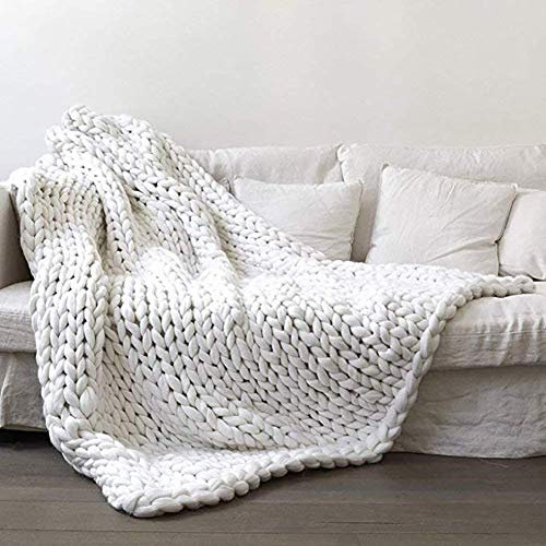 Manta de lana tejida gruesa hecha a mano, color blanco, 50 x 50 cm, manta grande y suave, manta de sofá para esterilla de yoga o alfombra
